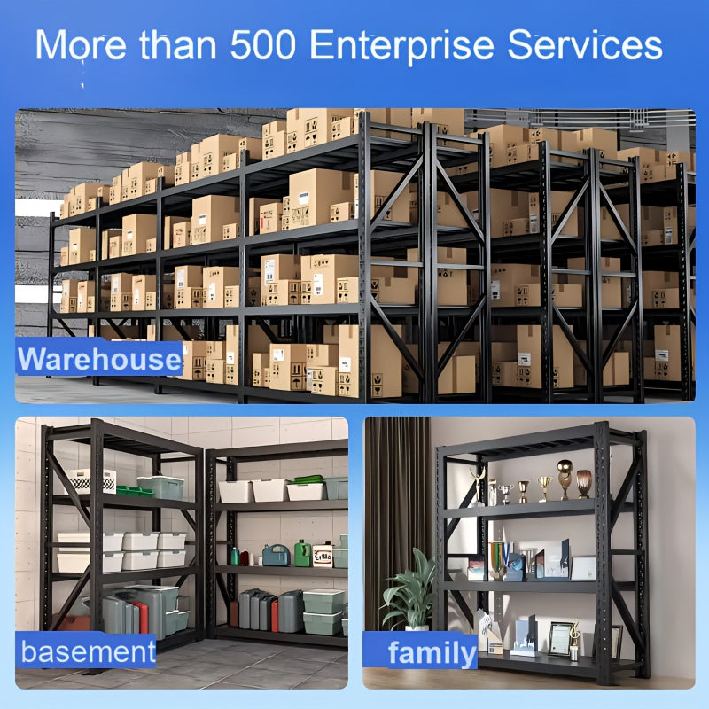 4-Tier Black Home Storage Rack, Metal Shelving Unit for Garage & Household, 150KG/Layer, 120×40×200CM / 150×50×200CM