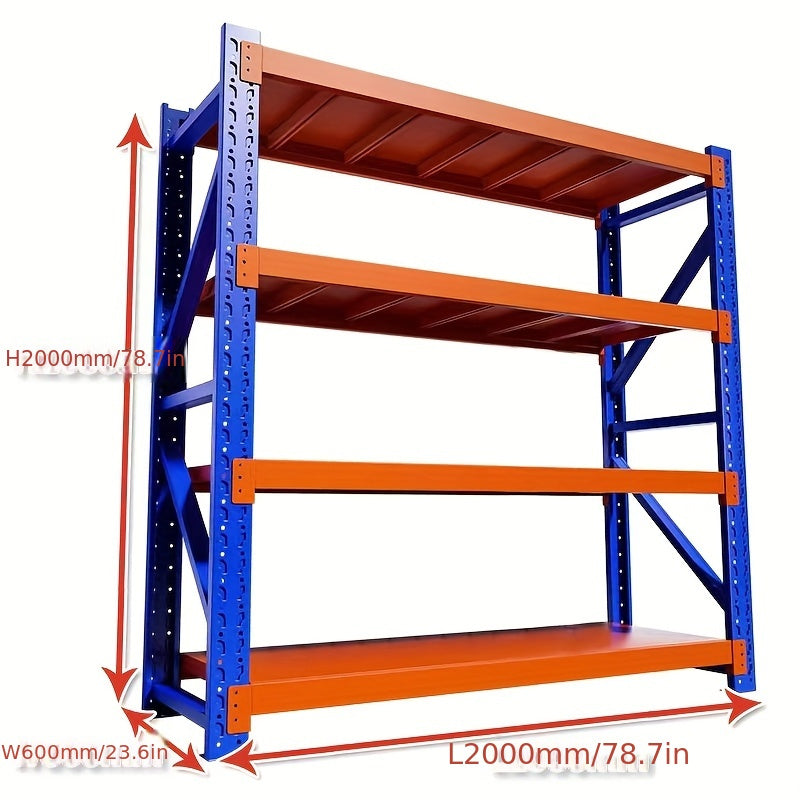 4-Tier Heavy Duty Storage Rack, Industrial Warehouse & Garage Shelving Unit, 300KG Per Shelf Load Capacity, 200×60×200CM (Blue & Orange)