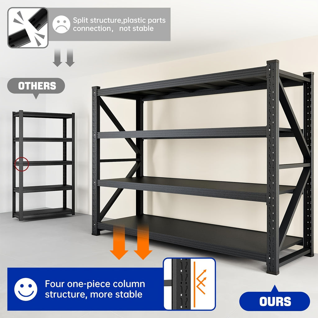 4-Tier Black Home Storage Rack, Metal Shelving Unit for Garage & Household, 150KG/Layer, 120×40×200CM / 150×50×200CM