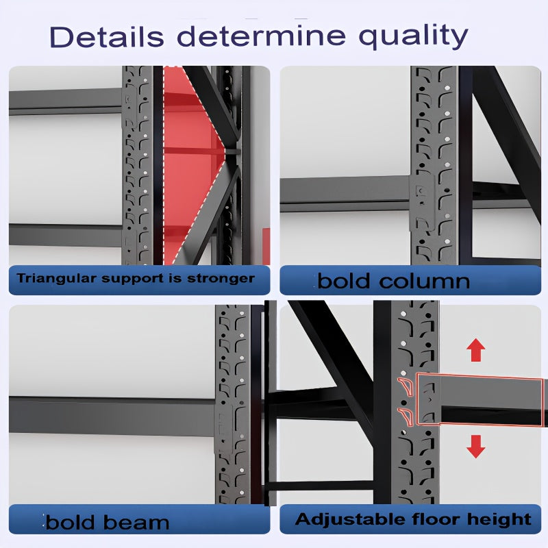 4-Tier Black Home Storage Rack, Metal Shelving Unit for Garage & Household, 150KG/Layer, 120×40×200CM / 150×50×200CM