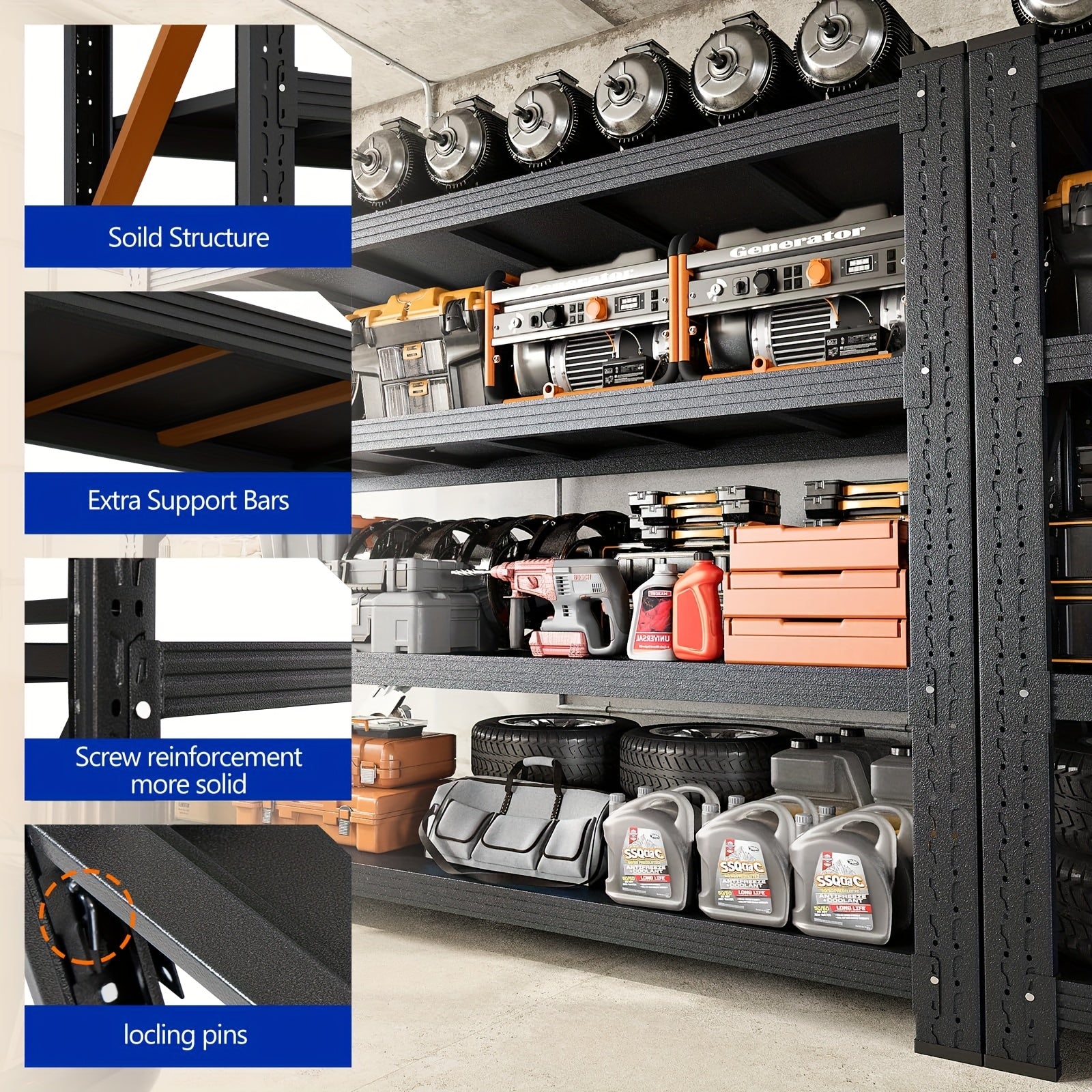 4-Tier Heavy Duty Black Warehouse Rack, Industrial Metal Shelving, 300KG/Layer  200×60×200CM