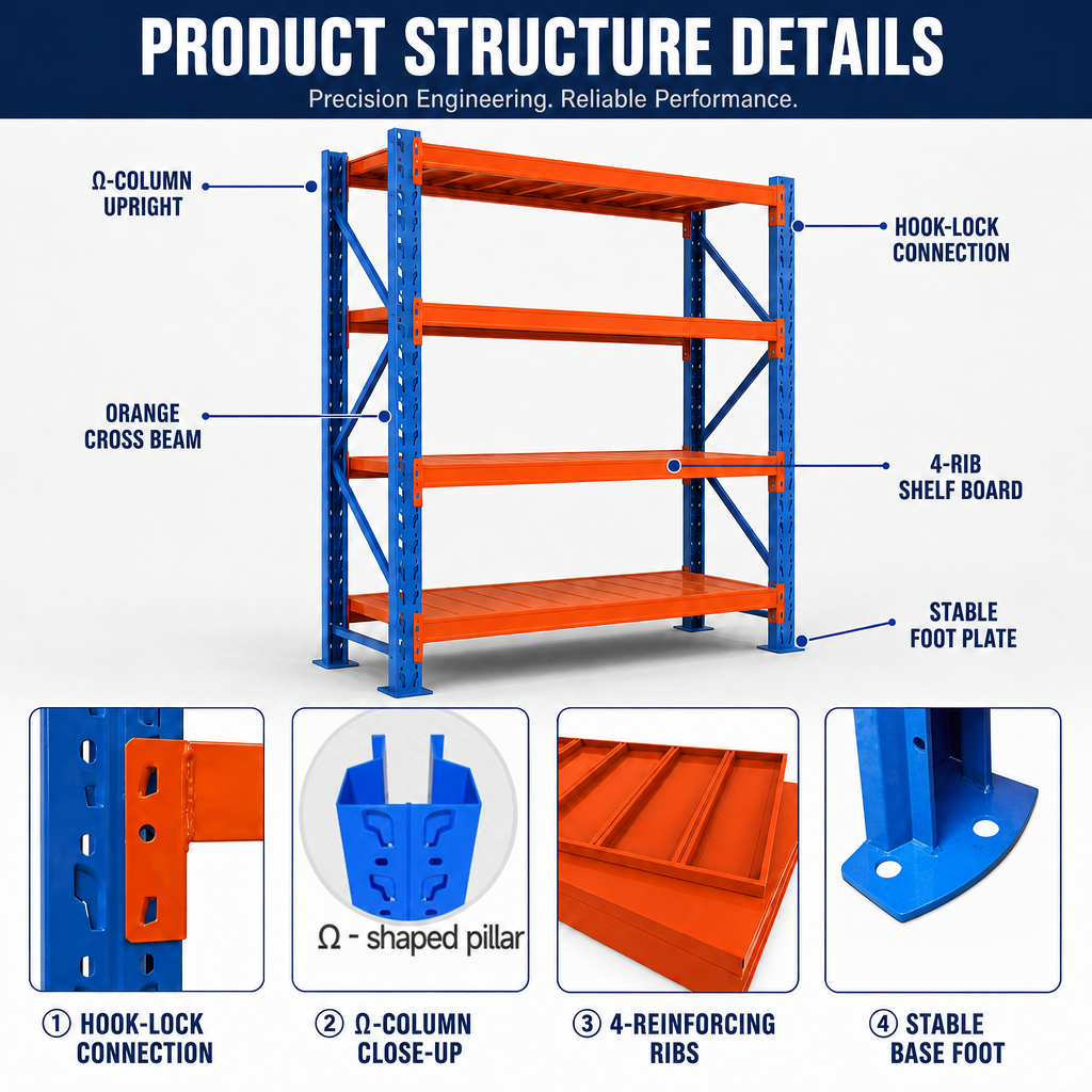 Heavy Duty Boltless Warehouse Rack, 4-Tier Adjustable Steel Storage Shelf up to 1100KG for Industrial Warehouse