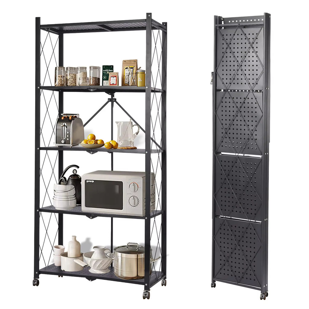 5-Tier Storage Rack, Multifunctional Foldable Bookshelf & Pantry Shelves for Kitchen Islands & Home