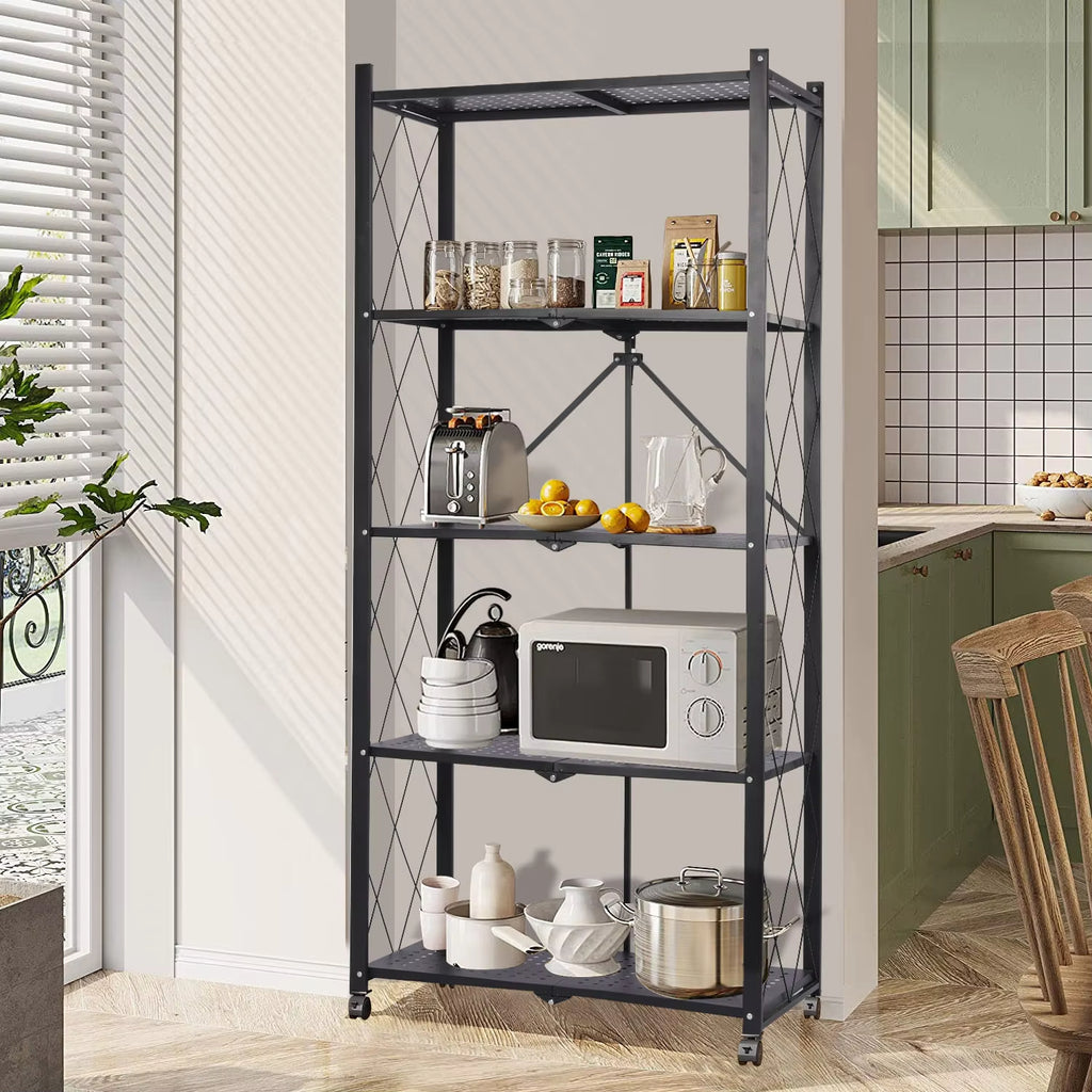 5-Tier Storage Rack, Multifunctional Foldable Bookshelf & Pantry Shelves for Kitchen Islands & Home