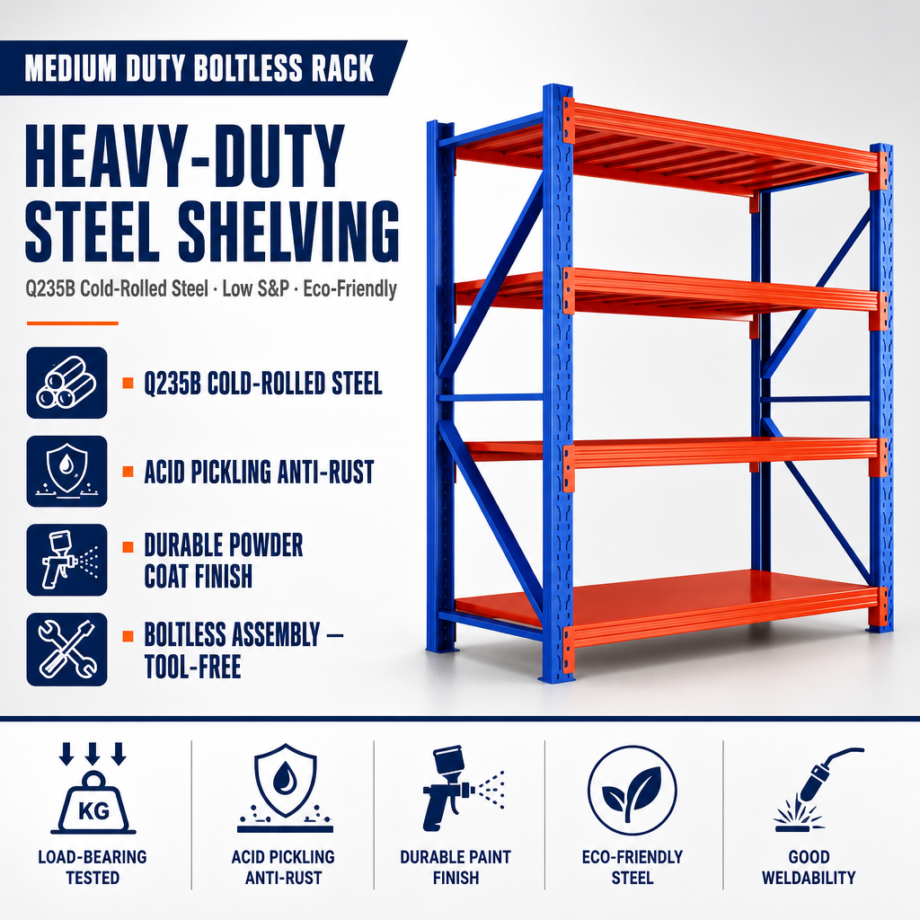 Heavy Duty Boltless Warehouse Rack, 4-Tier Adjustable Steel Storage Shelf up to 1100KG for Industrial Warehouse