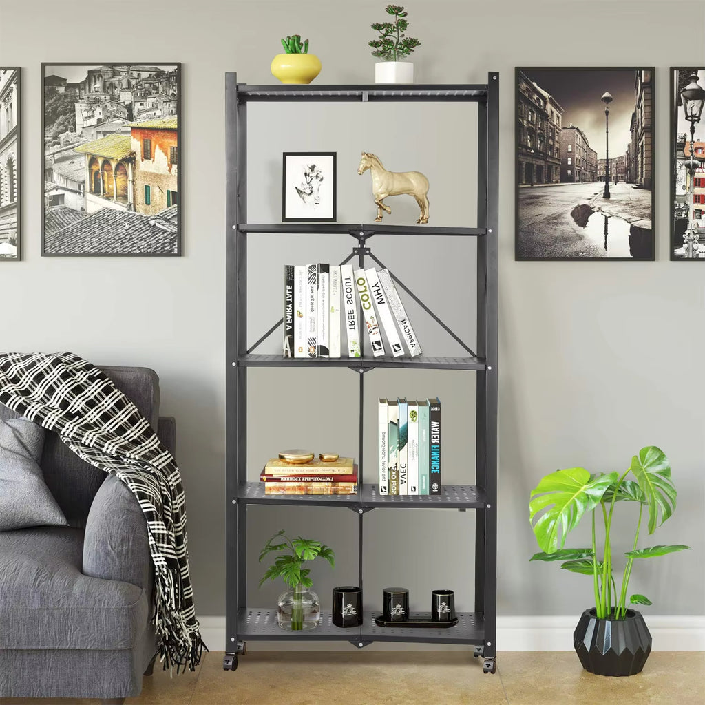 5-Tier Storage Rack, Multifunctional Foldable Bookshelf & Pantry Shelves for Kitchen Islands & Home