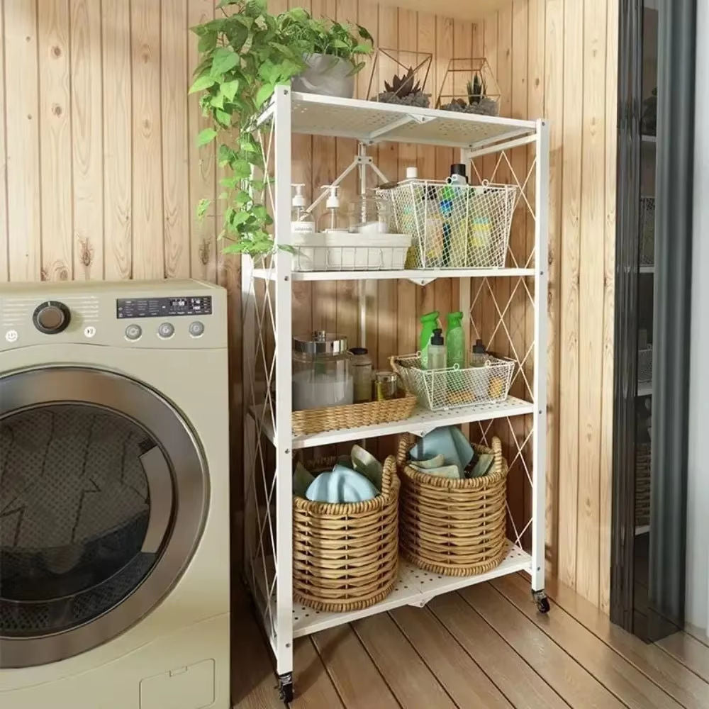 Ultra Strong Multi-Purpose Folding Shelves Large Capacity Storage Rack Wheels Multi-Layer Kitchen Islands Carts