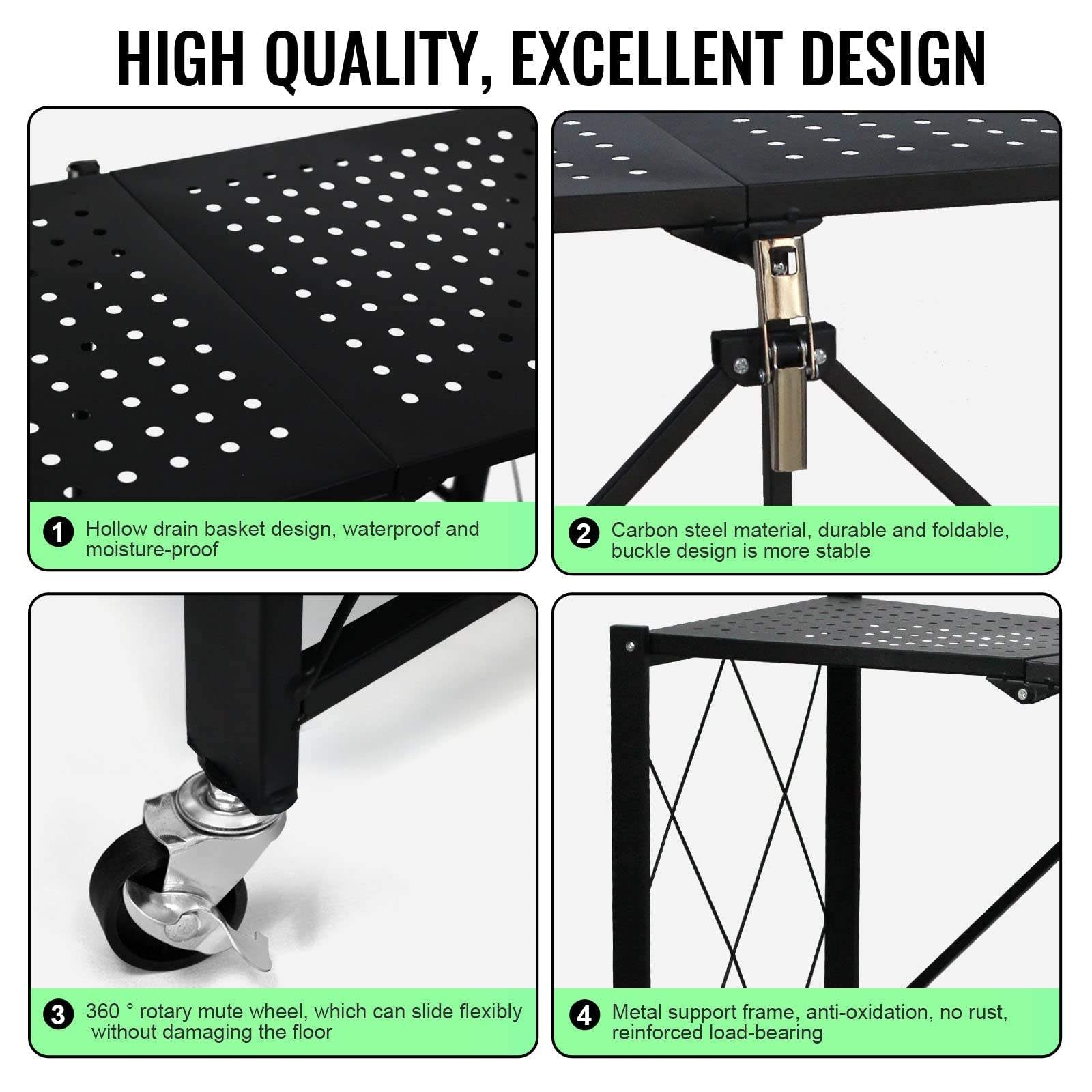 Foldable 5-Layer Large Iron Frame Storage Installation-Free Folding Kitchen Shelves Standing Shelving Unit Metal Storage Carton