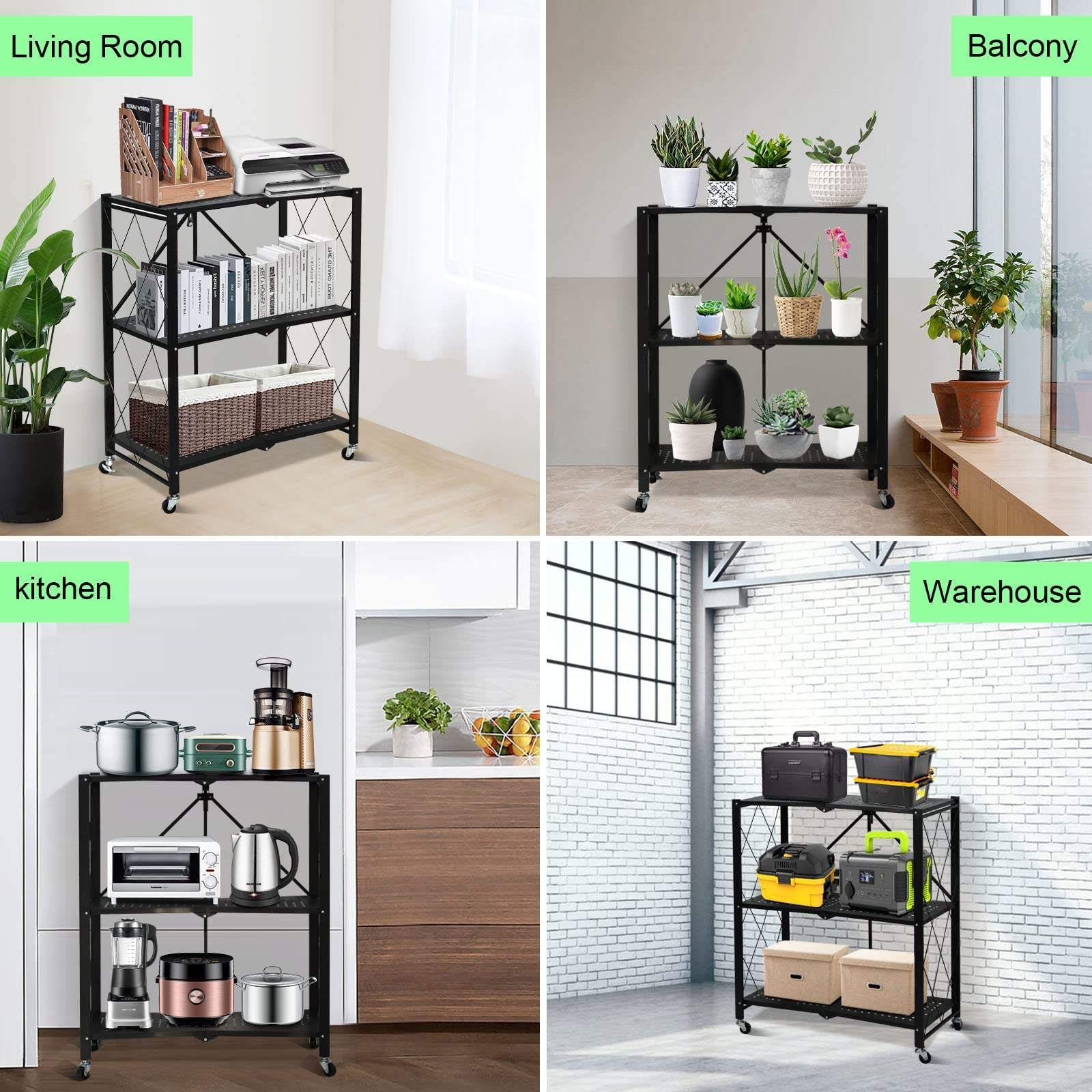 Foldable 5-Layer Large Iron Frame Storage Installation-Free Folding Kitchen Shelves Standing Shelving Unit Metal Storage Carton
